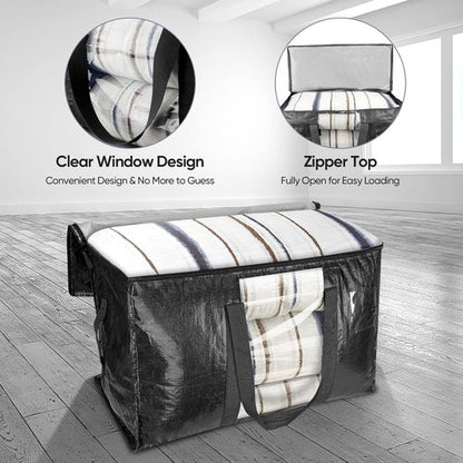 BALEINE Oversized Moving Bags - Heavy-Duty Storage Totes with Reinforced Handles | Black w/Window, 2-Pack