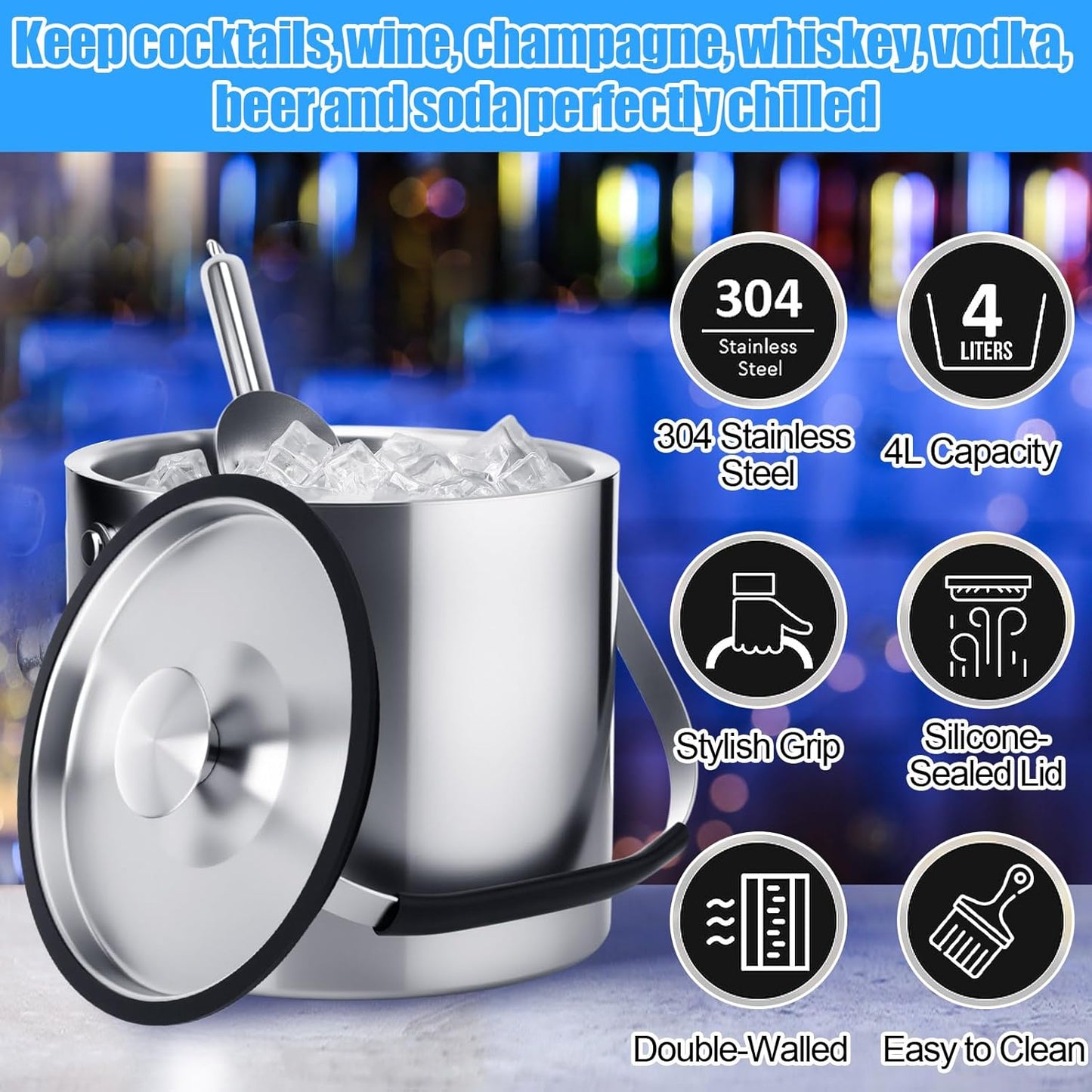 meekoo 4 L Double Wall Insulated Ice Bucket with Lid, Scoop, Strainer, Handle Large Stainless Steel Wine Ice Bucket Upgraded Cover Keep Frozen Longer for Cocktail Bar Parties(Silver)