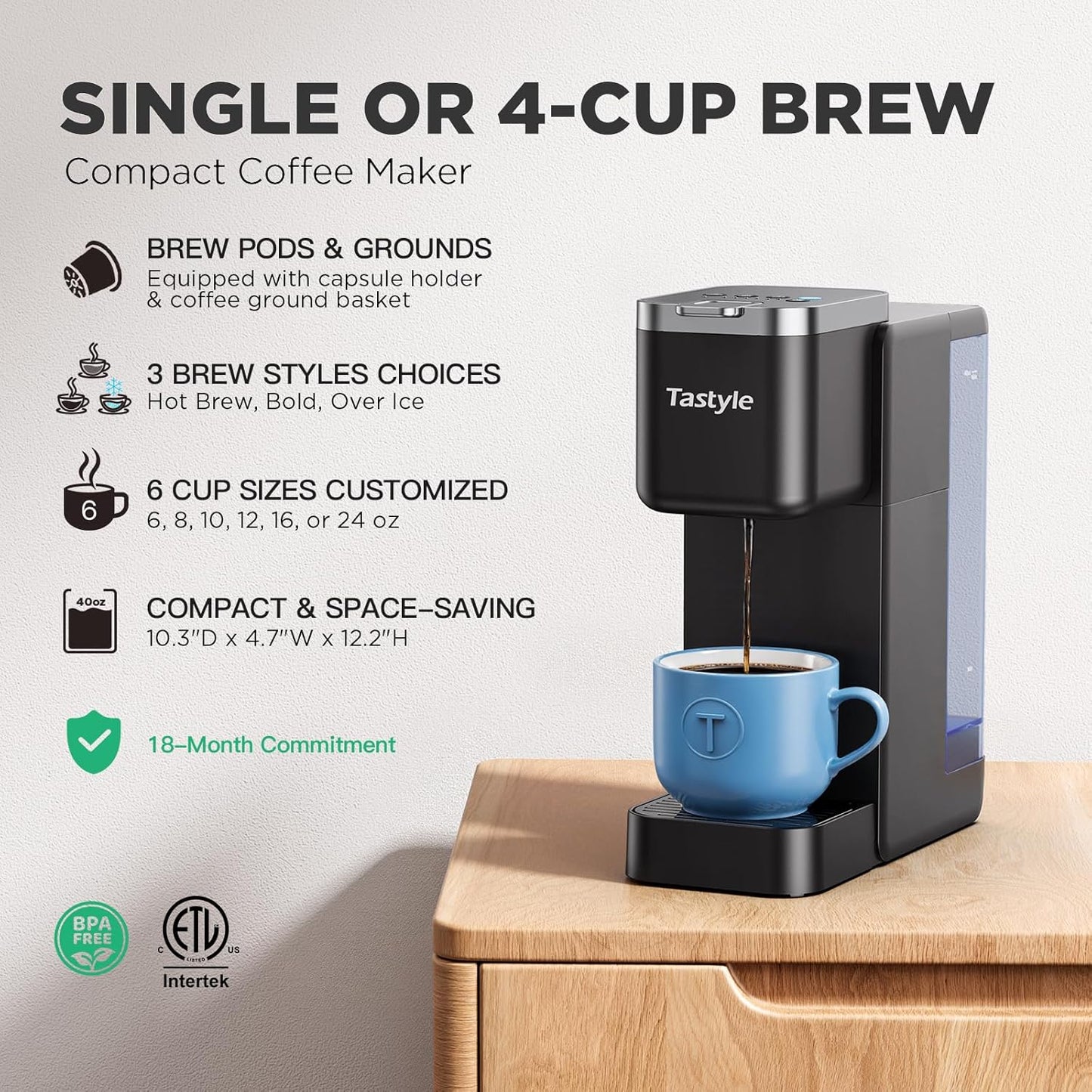 Skiennix Single Serve Coffee Maker - Iced & Hot Brew Machine with 40oz Reservoir | Fits 7.3" Travel Mug, Black