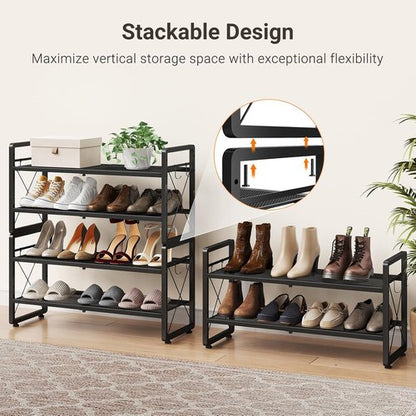 ELYKEN Shoe Rack - 2-Tier Expandable Organizer with 4 Hooks | Metal Black Shoe Shelf for Entryway