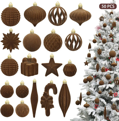 Regine Switzerland 50 Pcs Brown Velvet Christmas Balls - Flocked Hanging Ornaments for Holiday Decor