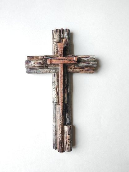 Eagrafts Rustic Wood-Like Resin Wall Cross - Decorative Home Wall Art with Faux Iron Nails
