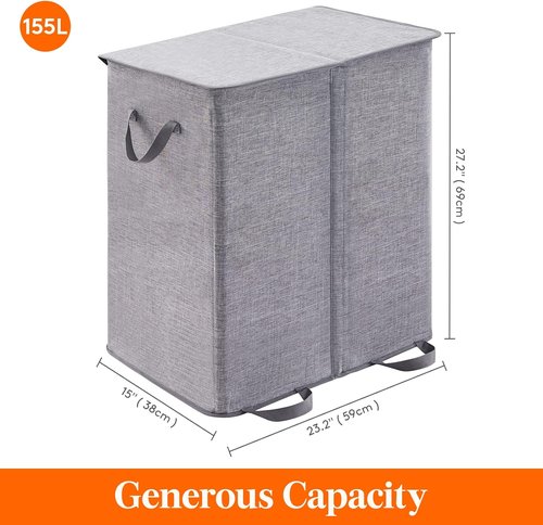Lifewit Double Laundry Hamper - Large Collapsible Basket with Lid & Removable Bags | 155L Grey