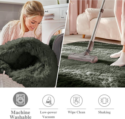 OLANLY Olive Green Round Rug - Soft & Fluffy Machine Washable 2 ft Circle Area Rug for Bedroom & Living Room