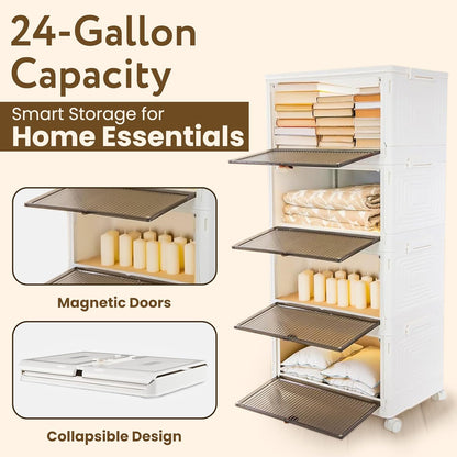 Quik Box 4-Tier Stackable Storage Organizer - 24 Gallon Collapsible Bins with Magnetic Doors | Space-Saving Bedroom & Closet Solution