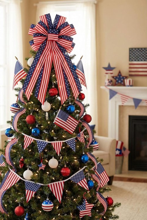 Large Patriotic Wreath Bow - 4th of July Decorations | Red, White & Blue American Flag Wired Ribbon