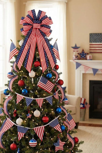 Large Patriotic Wreath Bow - 4th of July Decorations | Red, White & Blue American Flag Wired Ribbon