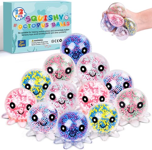 Fidget Stress Balls - 12 Pack Cute Octopus Squeeze Balls for Adults | Stress Relief & Party Favors