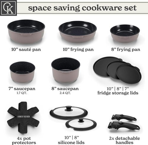 Country Kitchen Cookware Set - Removable Handle, Oven & RV Safe Pots and Pans, Grey/Black