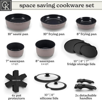 Country Kitchen Cookware Set - Removable Handle, Oven & RV Safe Pots and Pans, Grey/Black