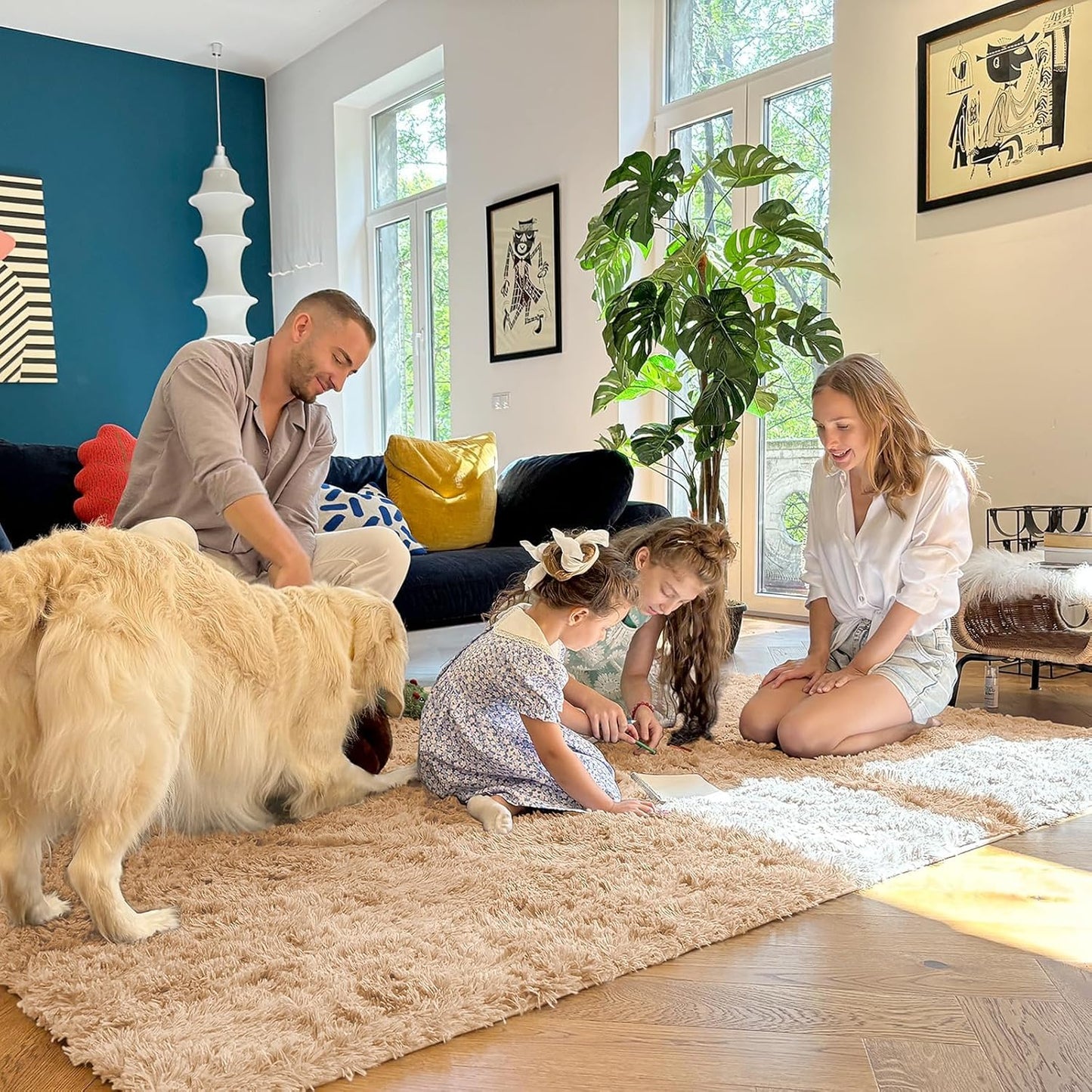 OLANLY Large Area Rug - Soft, Machine Washable Shaggy Carpet for Living Room & Bedroom | Beige 7x7