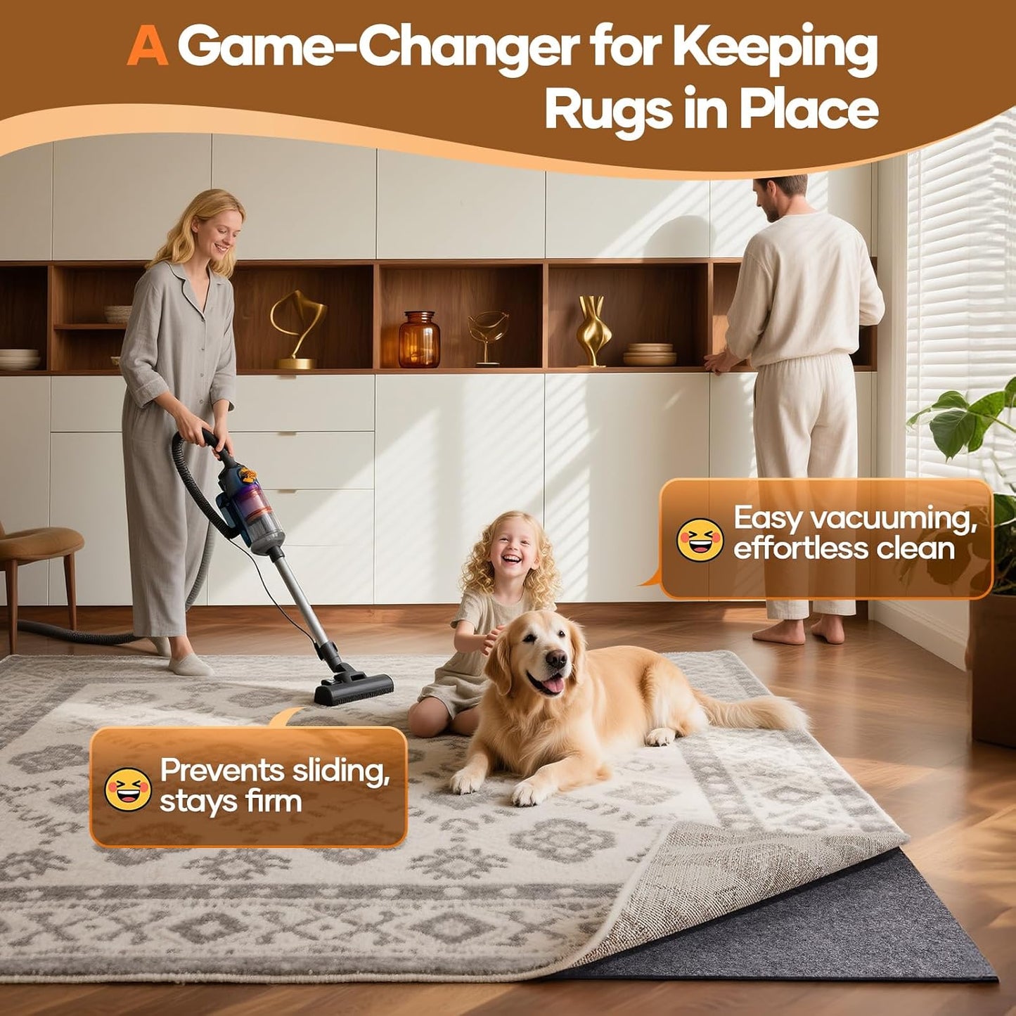 Veken Non-Slip Rug Pad - Cushioned Gripper for Hardwood Floors | 9 x 12 Ft, 1/4 Inch Thick