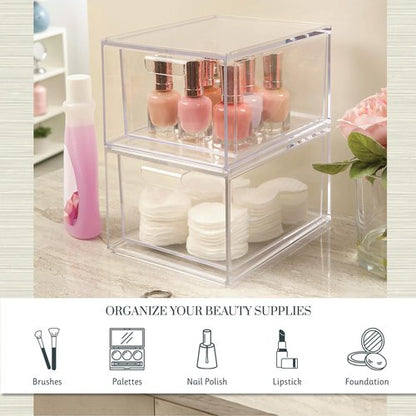 STORi Audrey Stackable Clear Bin Plastic Organizer Drawers | 2 Piece Set | Organize Cosmetics and Beauty Supplies on a Vanity | Made in USA