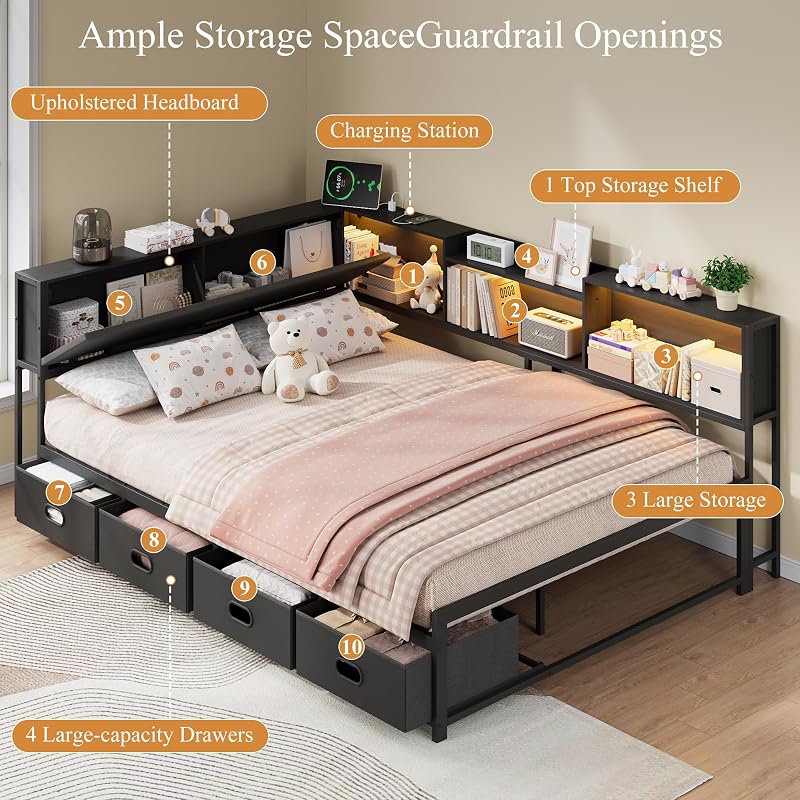Full Corner Bed Frame with 4 Storage Drawers, Hidden Headboard, USB Charging & LED Lights – Matte Black