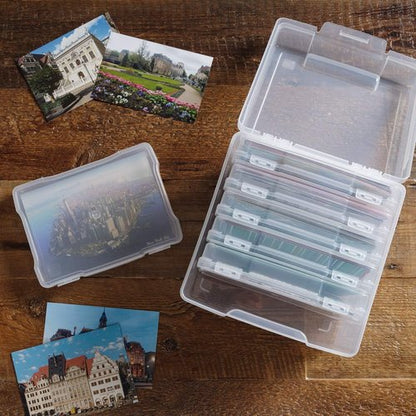 IRIS USA Photo Organizer - 5" x 7" Storage Box with Handle & 6 Inner Cases for Stickers & Flashcards - Clear