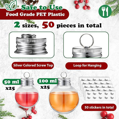 Clear Fillable Christmas Ornaments 50ml/100ml – 50Pcs Plastic Ball Bottles with Silver Tops & Hanging Loops (Variation: 50+50,100 ml)