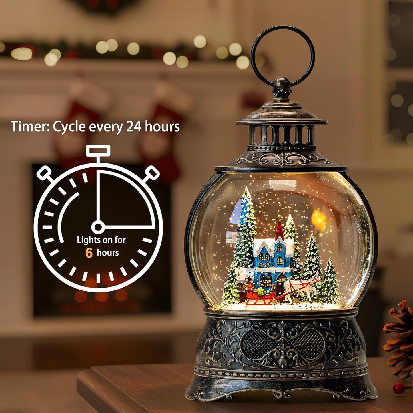 Regine Switzerland Christmas Snow Globe - Musical Water Lantern with Carriage & Timer | USB/Battery Operated