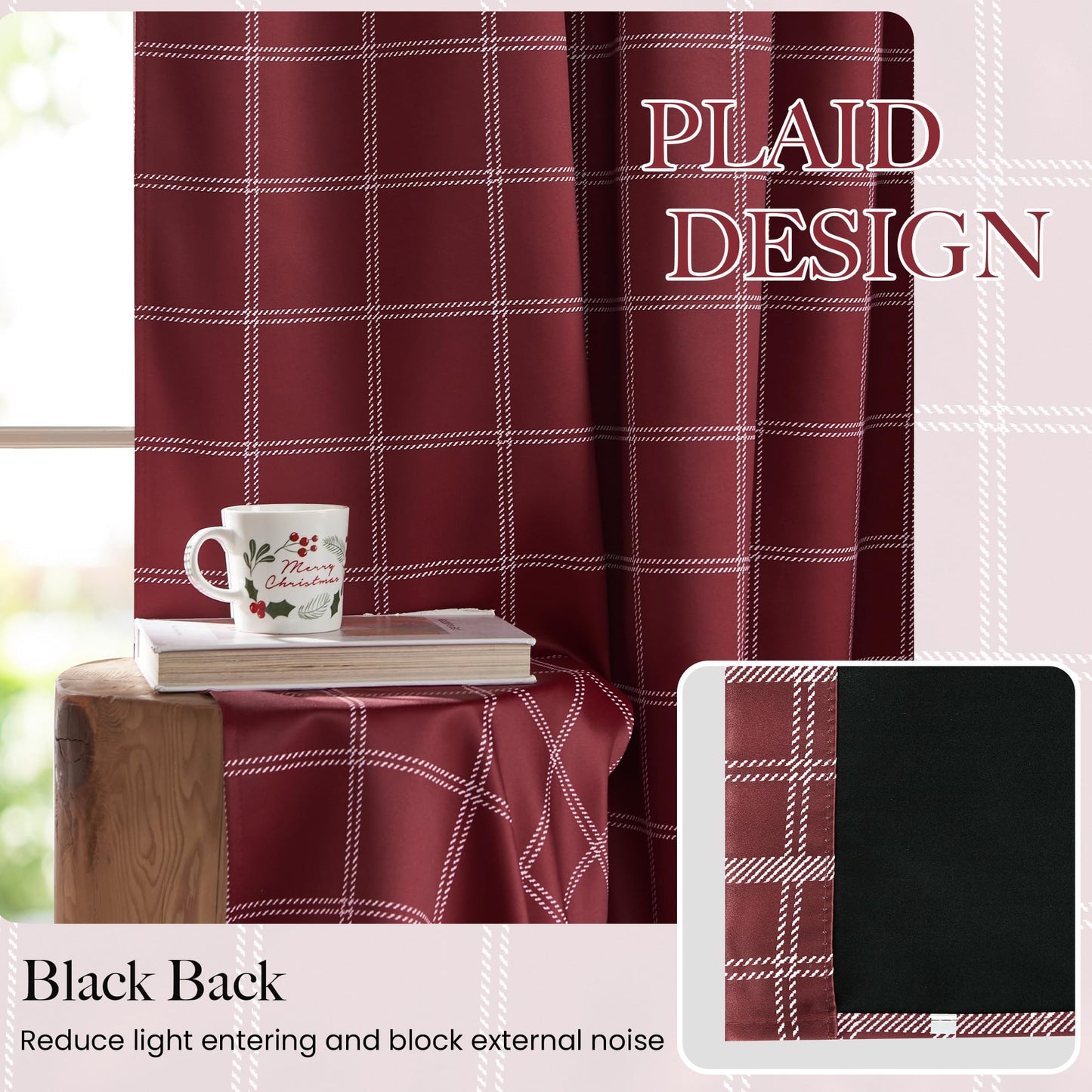 NICETOWN 100% Blackout Red Plaid Farmhouse Curtains 84 Inch Long 2 Panels Set for Living Room Checkered Drapes Thermal Insulated Privacy Protection Rod Pocket Back Tab, 52" W