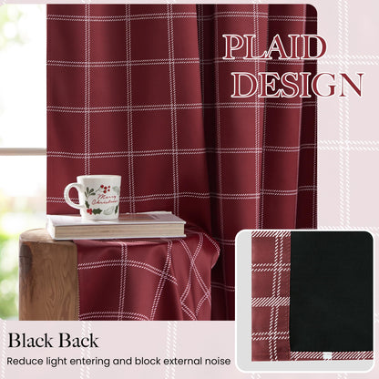 NICETOWN 100% Blackout Red Plaid Farmhouse Curtains 84 Inch Long 2 Panels Set for Living Room Checkered Drapes Thermal Insulated Privacy Protection Rod Pocket Back Tab, 52" W