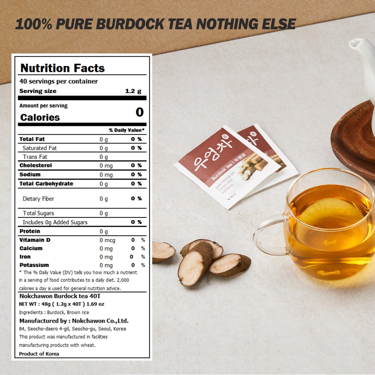 [Nokchawon] Burdock Root Tea, Burdock Iced Tea, Cold Brew Tea, Pure Ingredient Herbal Tea from Korea, 40 Count Tea Bags, 1.69oz(48g)