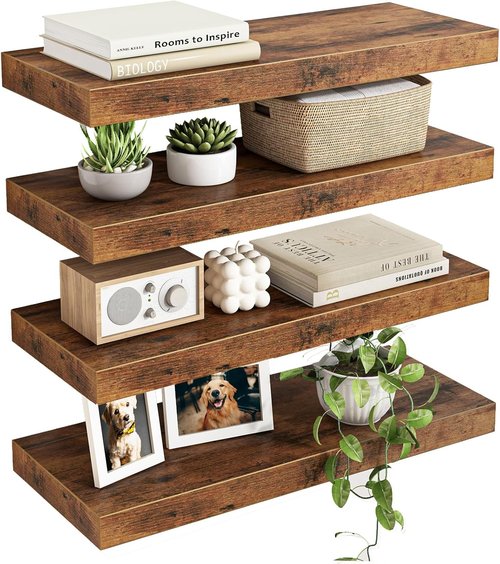 Fixwal Wood Floating Shelves - Set of 4 Rustic Brown Wall Decor with Invisible Brackets | Ideal for Bathroom, Living Room, Bedroom, Kitchen