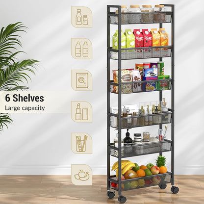 ThreeHio 6-Tier Slim Storage Cart - Mobile Metal Shelving Unit with Wheels for Kitchen & Bathroom - Black 6in(W)