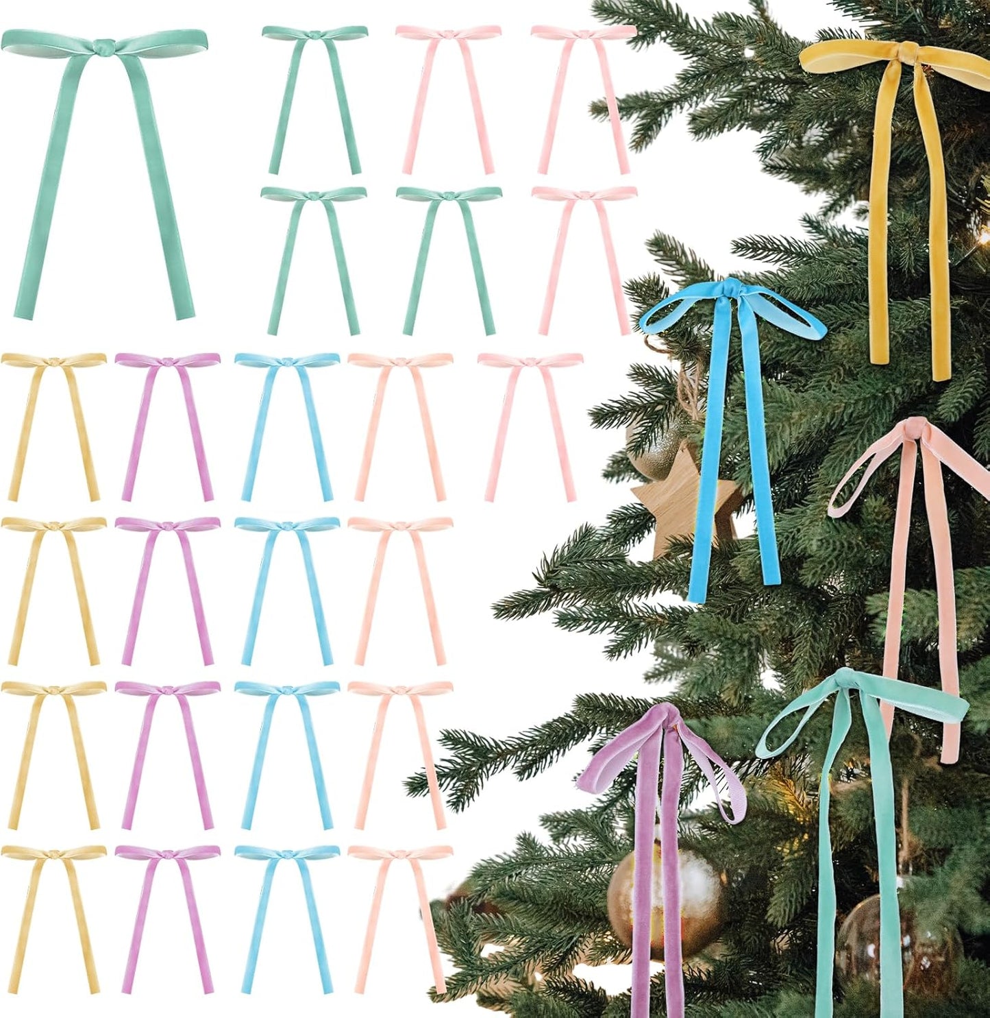 Skiennix 24 Pcs Velvet Bows - Vintage Ribbon Bows for Christmas Tree & Crafts | Pastel Rainbow, 5x7 Inch