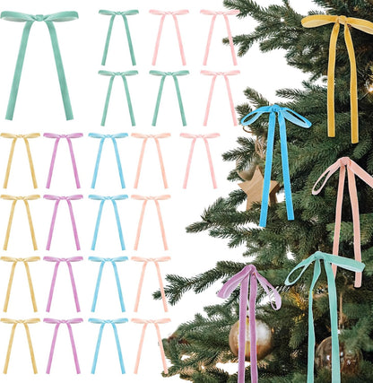 Skiennix 24 Pcs Velvet Bows - Vintage Ribbon Bows for Christmas Tree & Crafts | Pastel Rainbow, 5x7 Inch