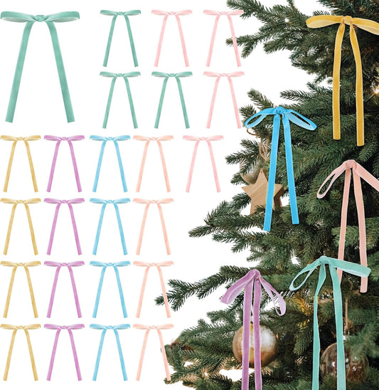 Skiennix 24 Pcs Velvet Bows - Vintage Ribbon Bows for Christmas Tree & Crafts | Pastel Rainbow, 5x7 Inch