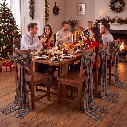 6 Pcs Christmas Chair Bows Decorations 43in Red Green Tartan Plaid – Green Variation