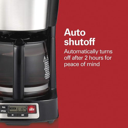 Hamilton Beach 5 Cup Drip Coffee Maker - Compact Design, Programmable Clock, Auto Pause & Pour, Black & Stainless Steel