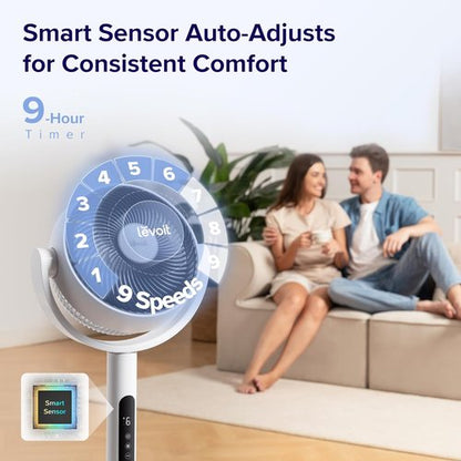 Levoit Standing Fan - Quiet 20dB Oscillating Pedestal & Tabletop Fan | 9 Speeds, Remote Control, 82ft Airflow