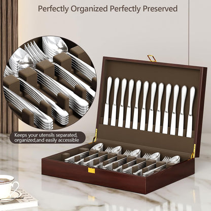 Walnut Wood Silverware Storage Box - Felt Lined Flatware Organizer for 12 Sets of Utensils