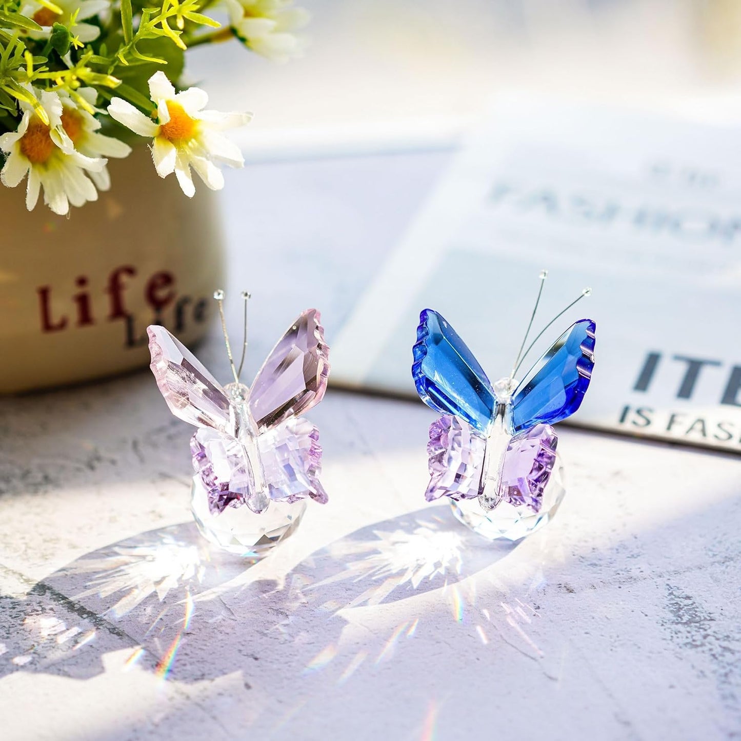 Skiennix Crystal Butterfly Figurines - Elegant Clear Ball Base | 2-Piece Collectible Set for Weddings & Gifts