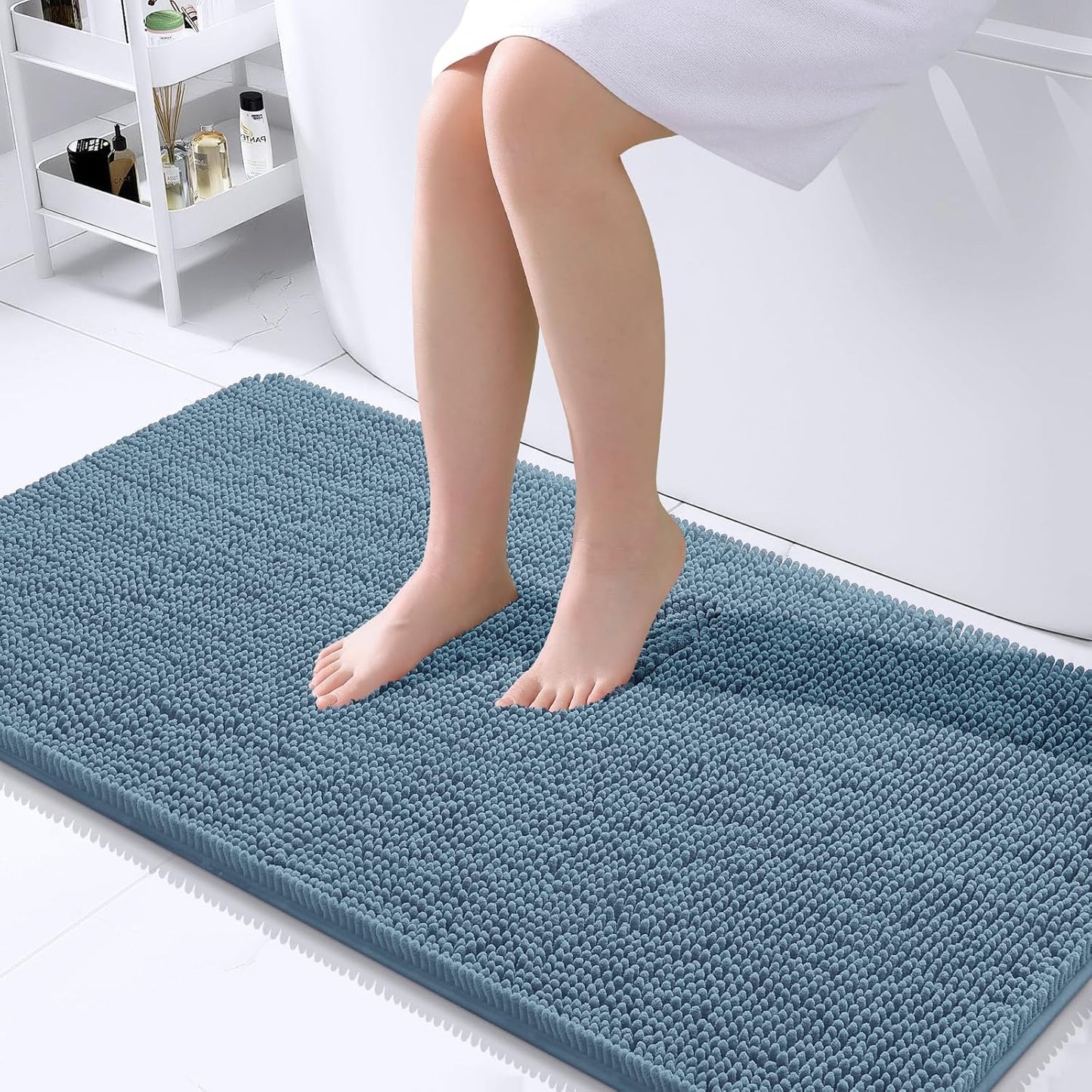 OLANLY Bathroom Runner Rugs - Soft Absorbent Chenille Bath Mats | Quick Dry, Machine Washable, 44x24, Airy Blue
