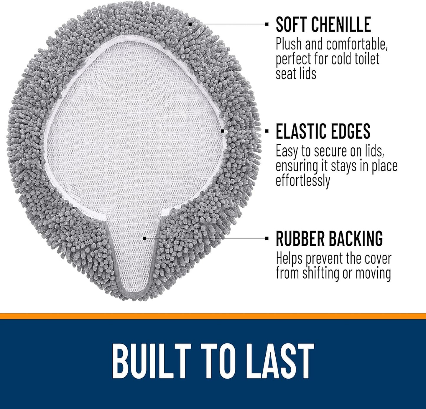 OLANLY Soft Chenille Toilet Lid Cover - Machine Washable, Non-Slip Rubber Backing | Gray, 17.5x15 Inches