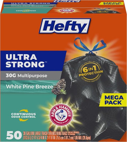 Hefty Ultra Strong 30 Gallon Trash Bags - Break Resistant Drawstring Closure | 50 Count, Black with White Pine Breeze Scent