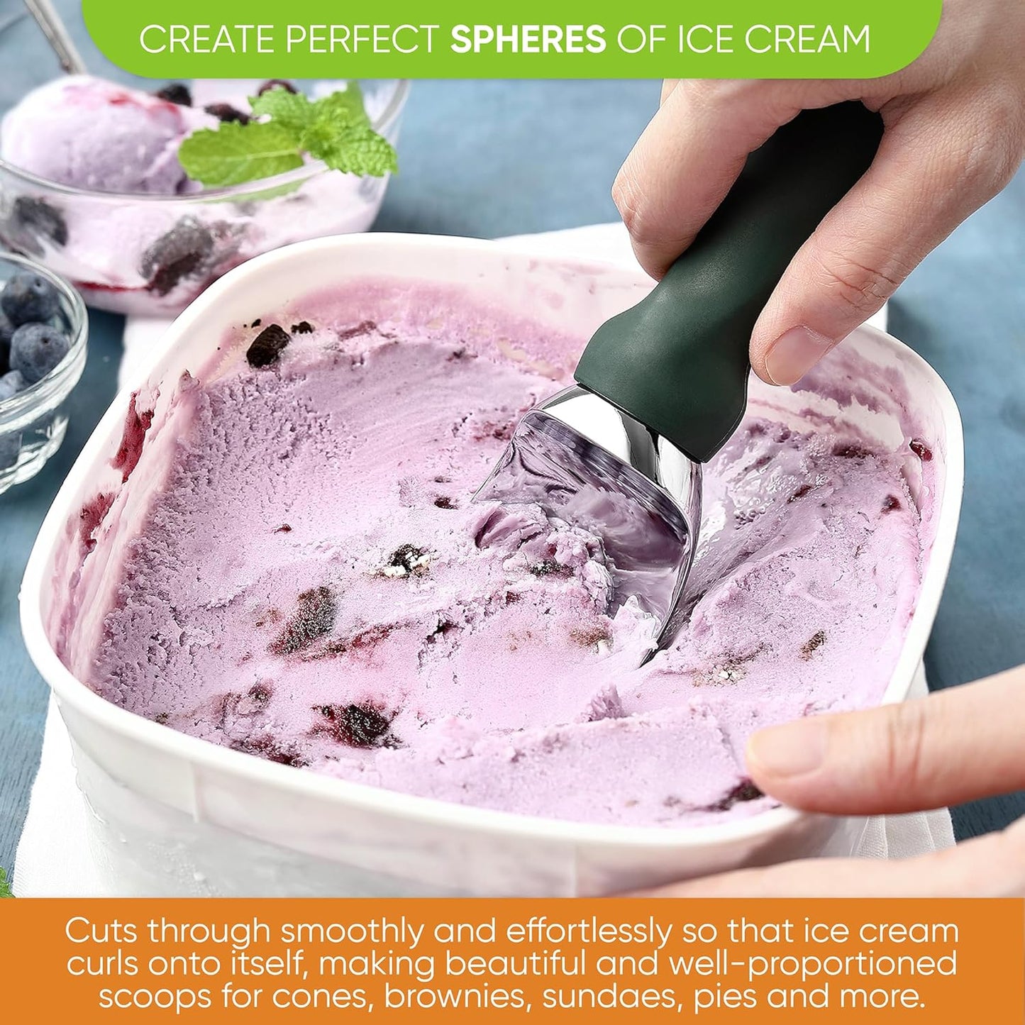 Spring Chef Ice Cream Scoop - Heavy Duty Soft Grip Handle for Cookie Dough & Gelato | Pine Green