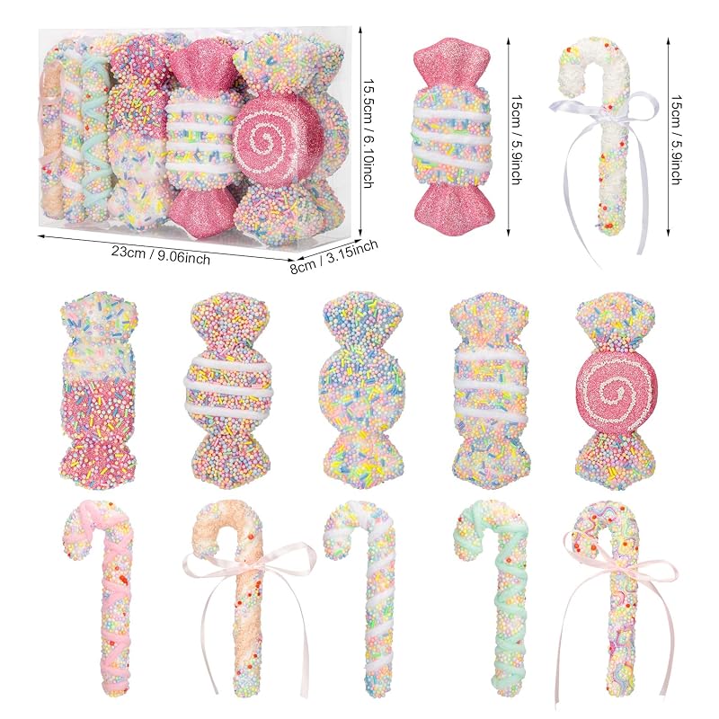Pastel Candy Cane Christmas Ornaments 12Pcs – Candyland Theme Bows & Lollipops (Variation: Candy)