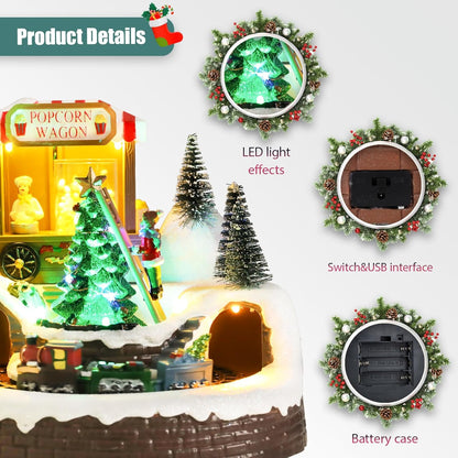 Afirst Christmas Village Houses - Lighted Musical Train Set with Popcorn Wagon & Rotating Xmas Tree | Indoor Display Decor