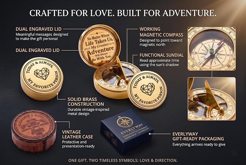 Brass Sundial Clock & Compass Set in Leather Case – Engraved Nautical Gift for Anniversary, Husband & Wife