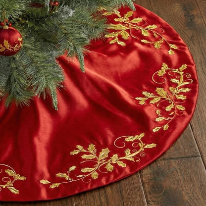 Burgundy 48-Inch Satin Christmas Tree Skirt with Gold Holly Embroidery - Variation of Burgundy