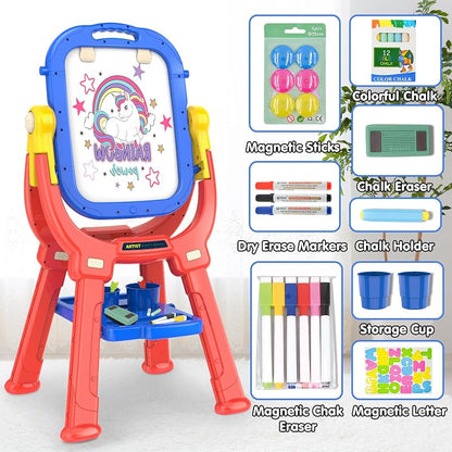 Blue Kids Art Easel for Toddler 3-5, 360° Rotatable Double-Sided Magnetic Chalkboard & Whiteboard