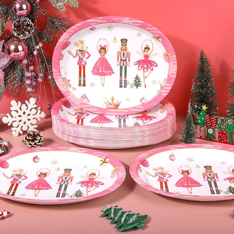 Christmas Pink Nutcracker Heavy-Duty Paper Plates, 10 x 12 Inch, Disposable Holiday Dinnerware - 50 Pack