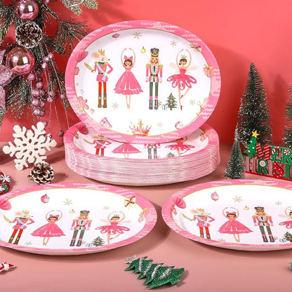Christmas Pink Nutcracker Heavy-Duty Paper Plates, 10 x 12 Inch, Disposable Holiday Dinnerware - 50 Pack