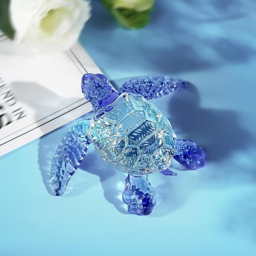 HDCRYSTALGIFTS Handmade Crystal Sea Turtle Figurine - Art Glass Ocean Sculpture | 5-Inch Blue Collectible Gift for Women