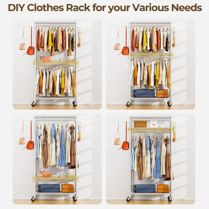 HYSEYY Portable Closet - Heavy Duty Adjustable Garment Rack with 4 Rods & Shelves | 73.6" L x 17.3" W x 76.4" H (White)