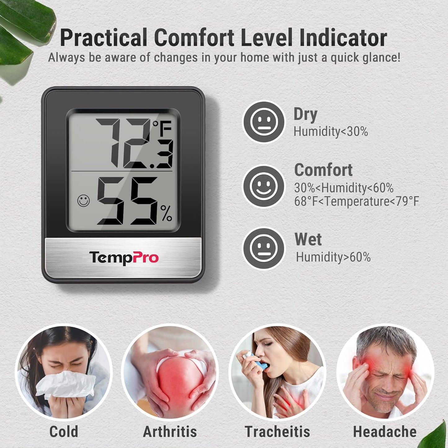 TempPro Digital Hygrometer | 2-Piece Indoor Thermometer & Humidity Meter - Black Weather Station