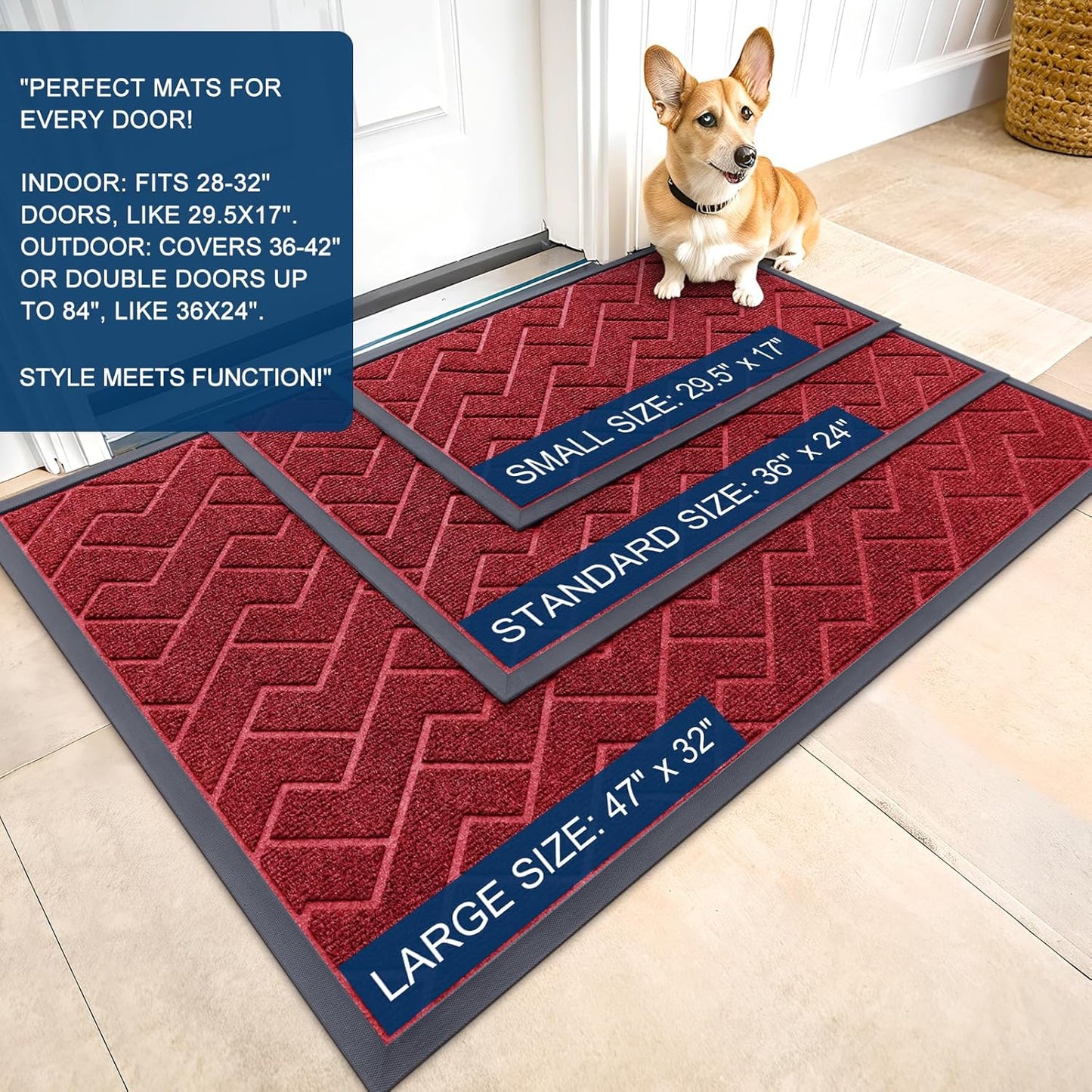 OLANLY Waterproof Front Door Mat - All-Season Indoor/Outdoor Doormat | Sturdy Natural Rubber, Herringbone Brick (Wine Red, 47x32)