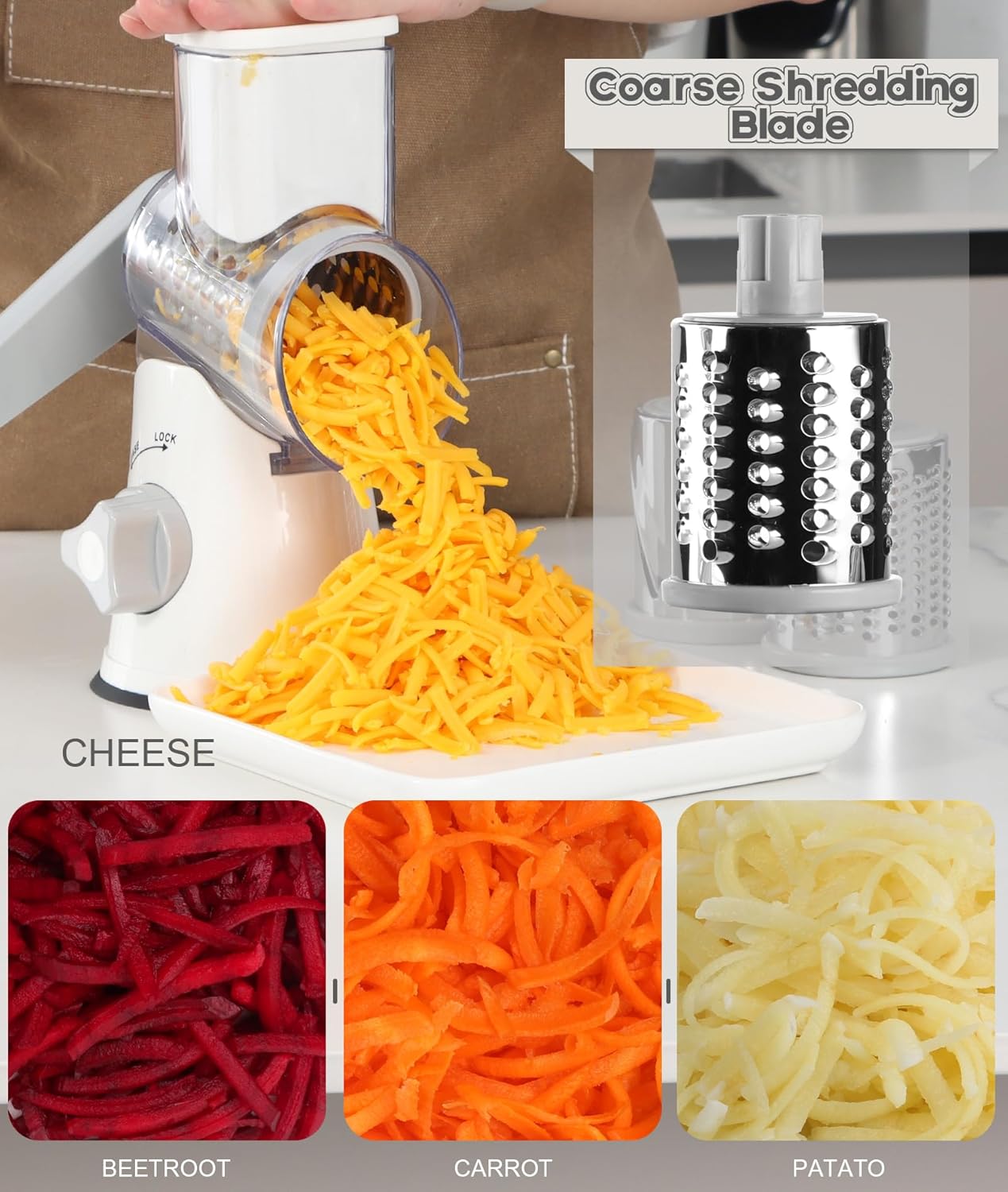 Ourokhome Rotary Cheese Grater - Hand Crank Kitchen Shredder with 3 Blades for Cheese, Vegetables & Nuts - White